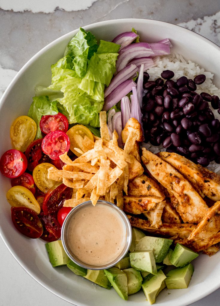Barbecue chicken bowls with zesty barbecue dressing