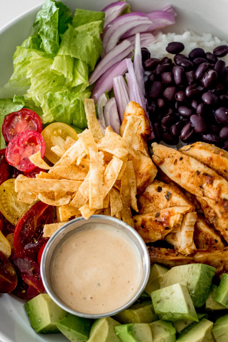 Barbecue chicken bowl with zesty BBQ dressing